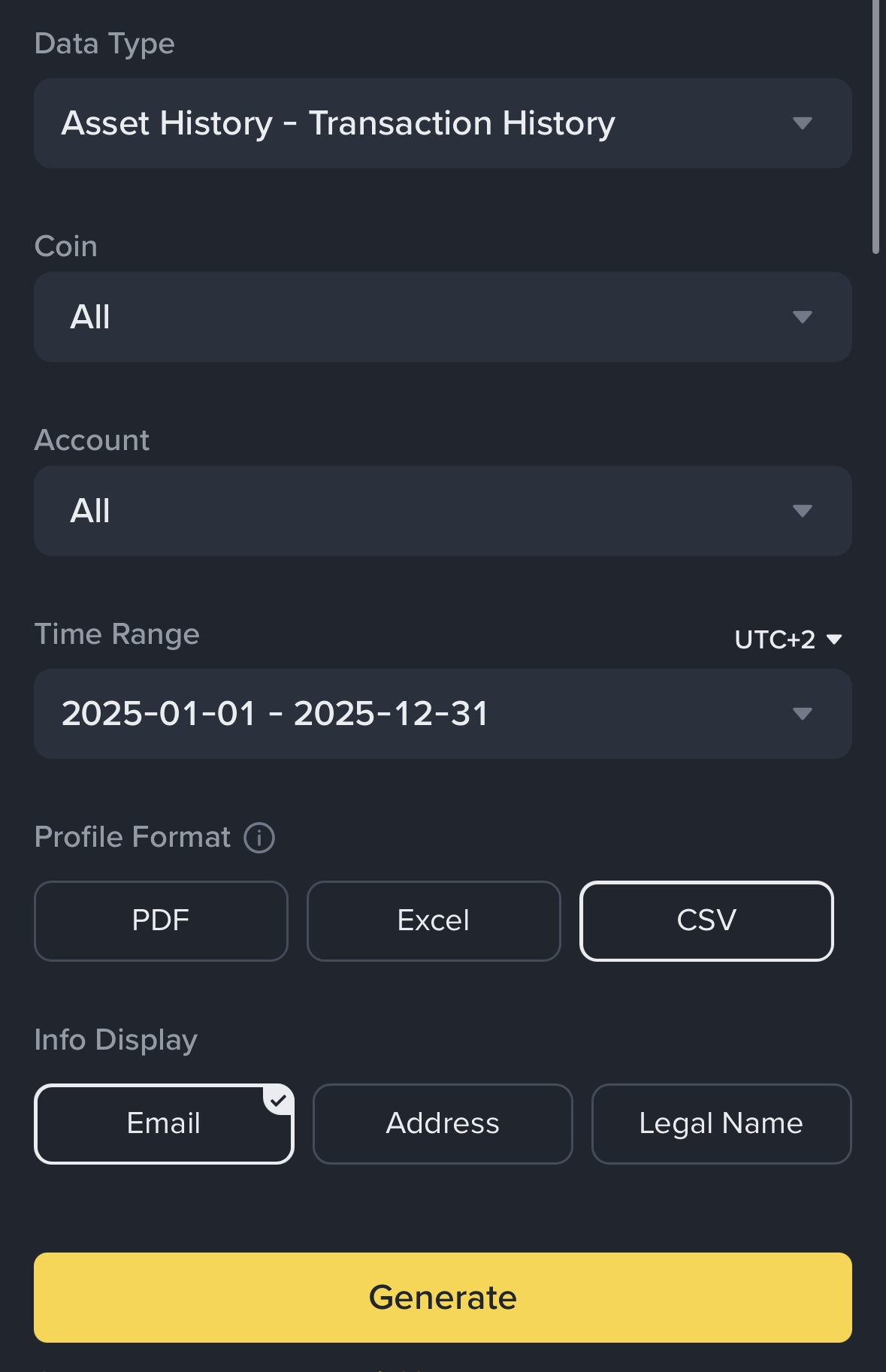 Binance CSV-Export mit Transaktionshistorie und Zeitraum konfigurieren