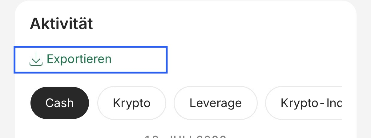 Bitpanda-Bereich Aktivität mit markiertem Button Exportieren