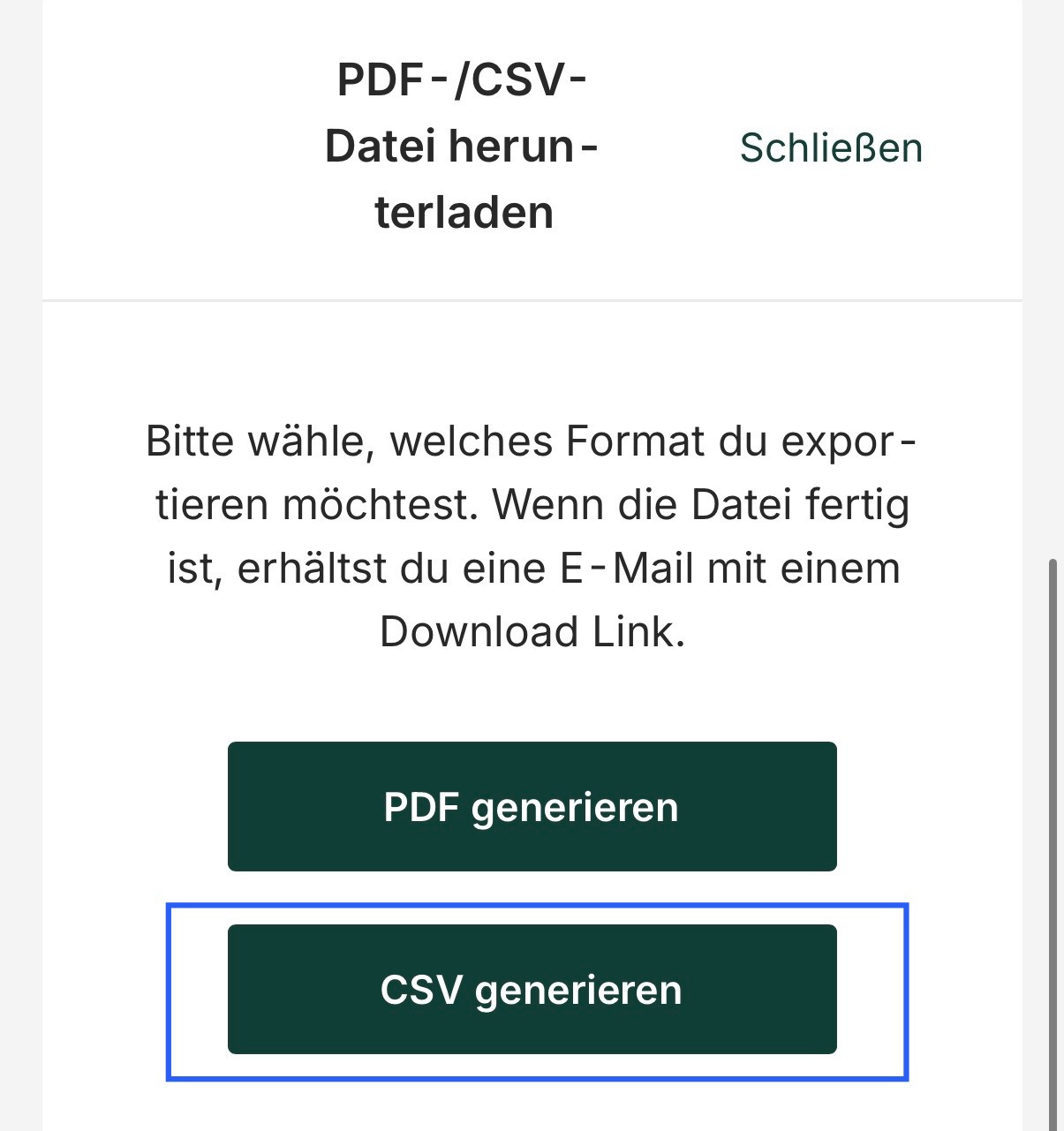 Bitpanda-Dialog PDF-/CSV-Datei herunterladen mit markiertem Button CSV generieren