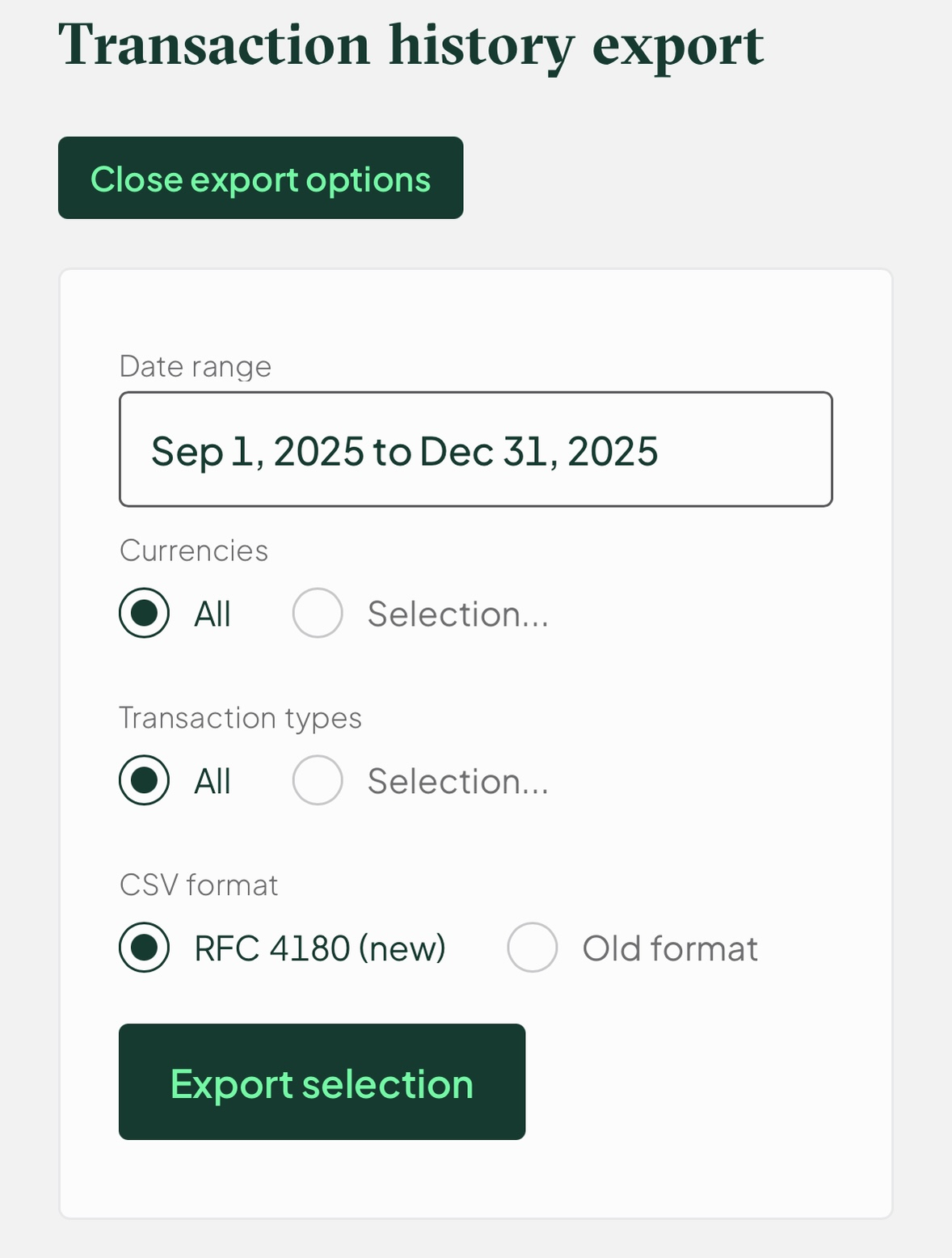 Bitstamp Export options mit Zeitraum, Currencies All, Transaction types All und CSV-Format RFC 4180 (new)