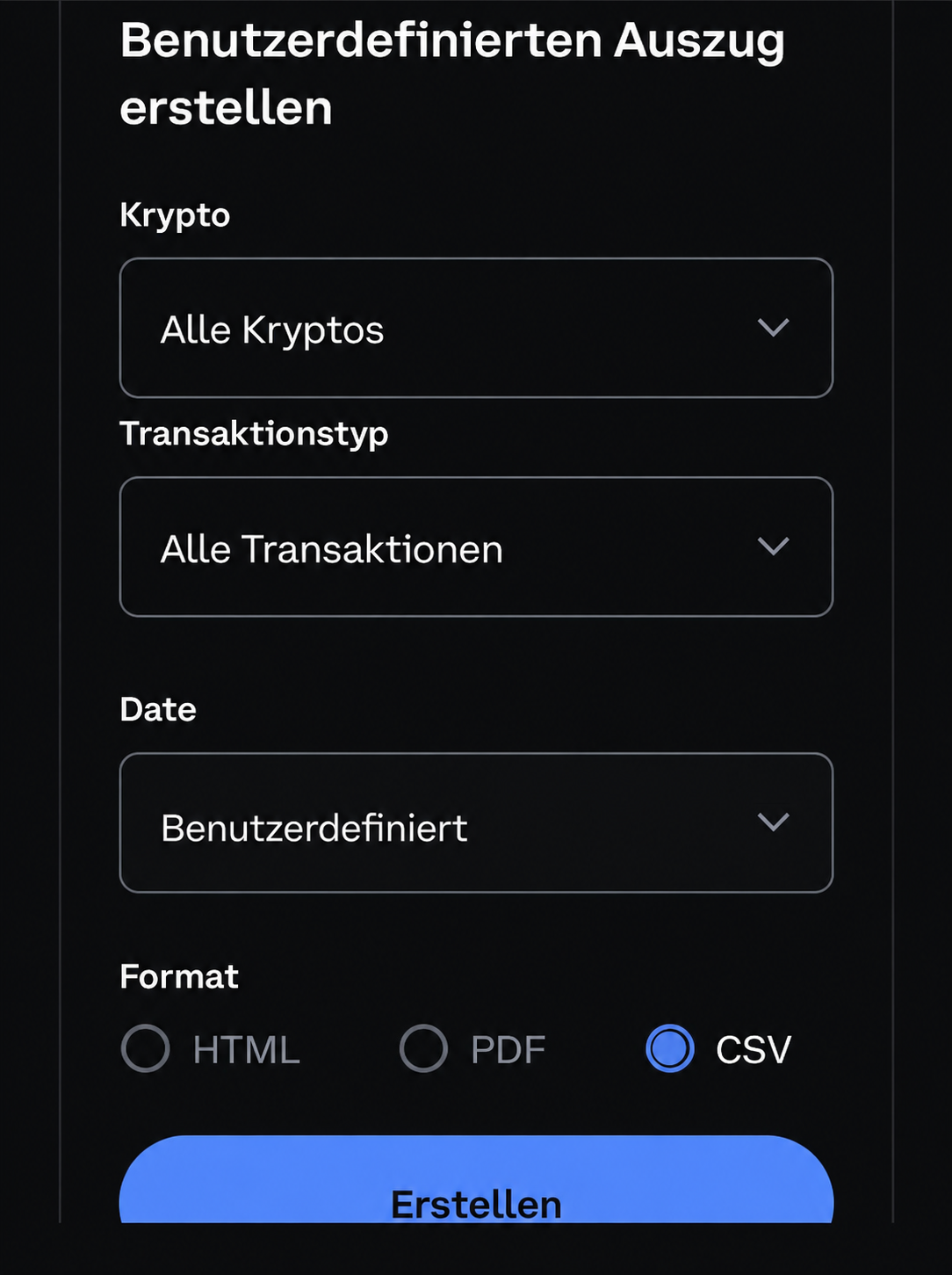 Coinbase benutzerdefinierten Auszug mit Alle Kryptos, Alle Transaktionen, Date Benutzerdefiniert und Format CSV erstellen